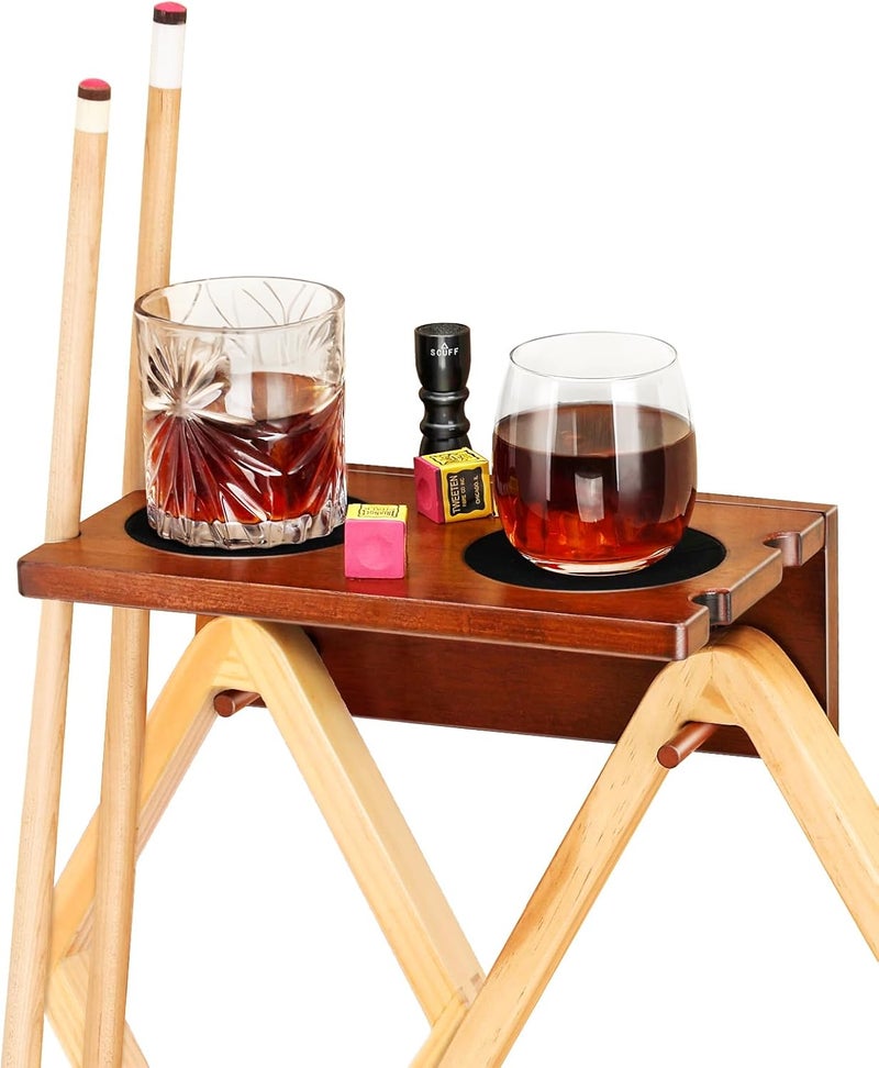EXTCCT Wall Mounted Cue Holder - Hardwood Billiard Cue Rest and Drink Holder with Chalk Holder 11 x 6.3 x 4.1 Inches (Brown) - Image 1